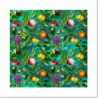 Vibrant tropical floral leaves and fruits floral illustration, botanical pattern, Turquoise Blue fruit pattern over a Posters and Art